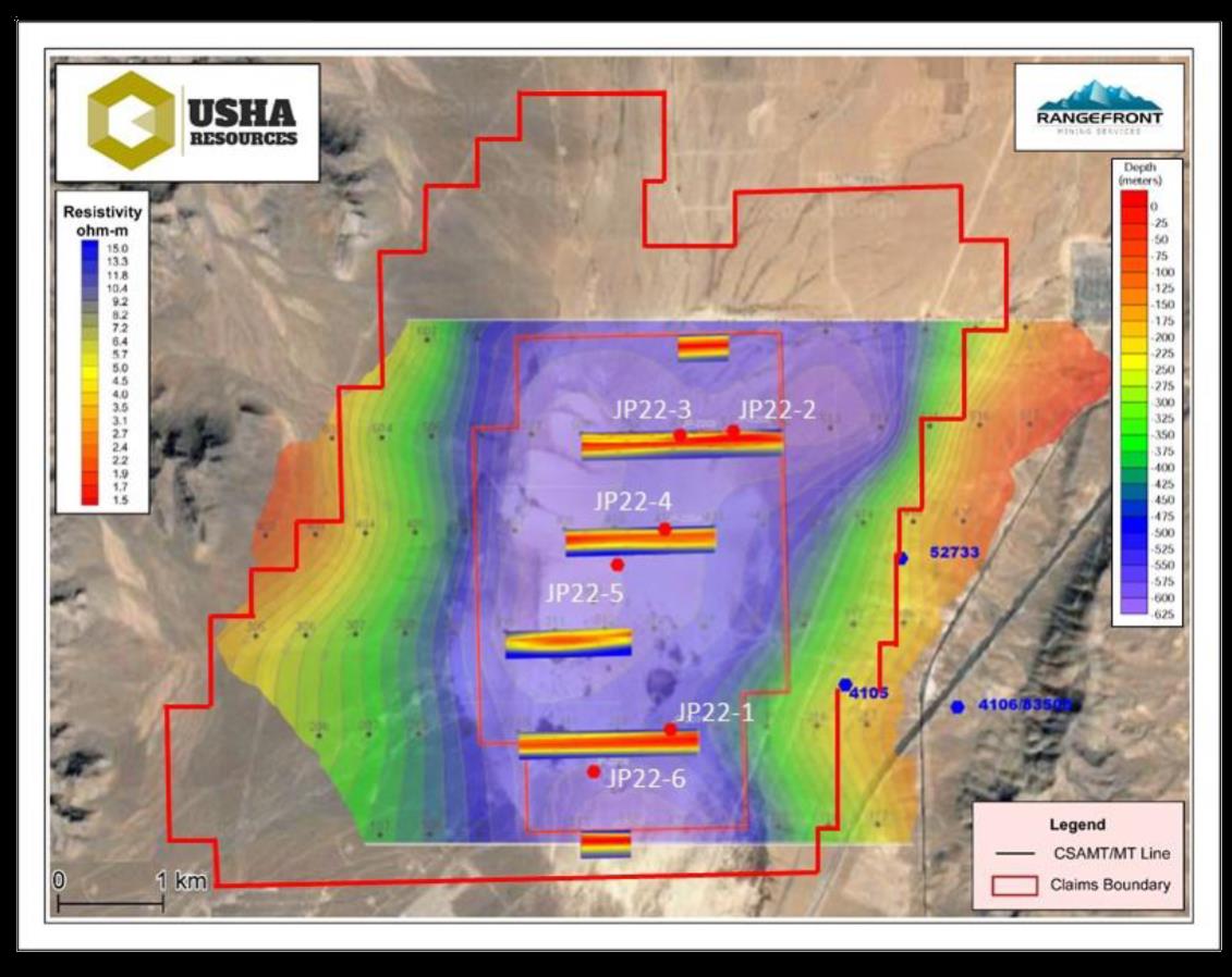Jackpot Lake CSAMT/MT geophysical survey with drill hole locations